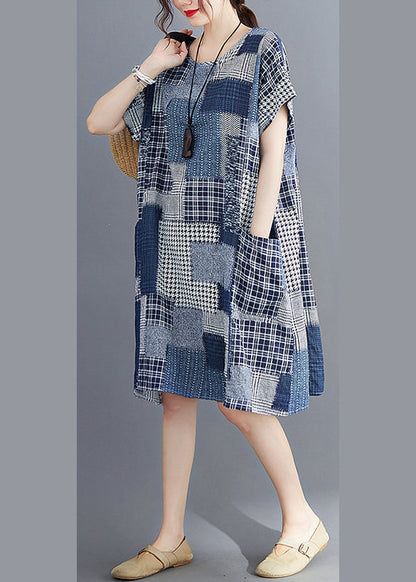 Navy Print Cotton Long Dress O-neck Pockets Summer