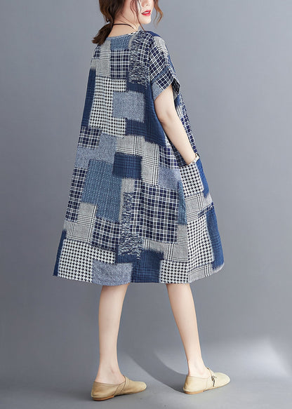 Navy Print Cotton Long Dress O-neck Pockets Summer
