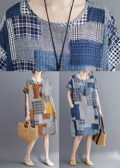Navy Print Cotton Long Dress O-neck Pockets Summer
