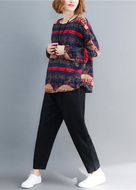 Navy Print Cotton Loose Tops O-neck Long Sleeve