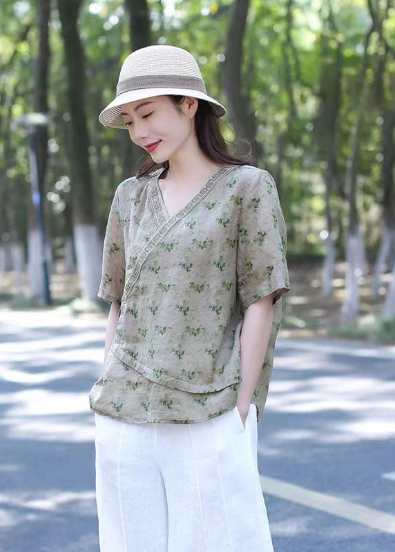 Navy Print Patchwork Cotton Blend Blouse Top V Neck Lace Up Summer