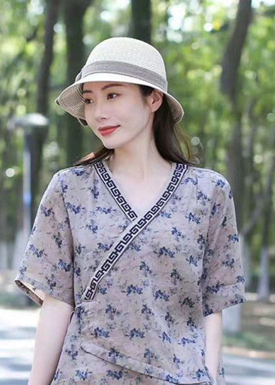 Navy Print Patchwork Cotton Blend Blouse Top V Neck Lace Up Summer