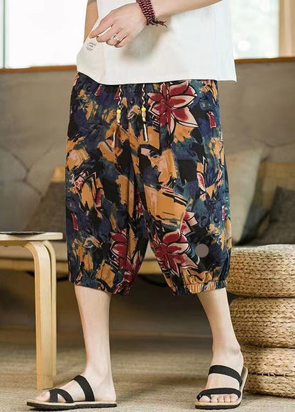 Navy Print Pockets Cotton Crop Pants Elastic Waist Summer