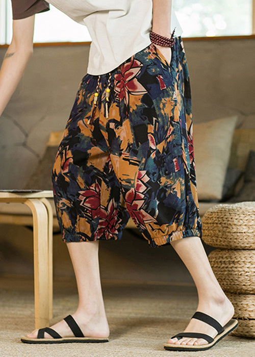 Navy Print Pockets Cotton Crop Pants Elastic Waist Summer