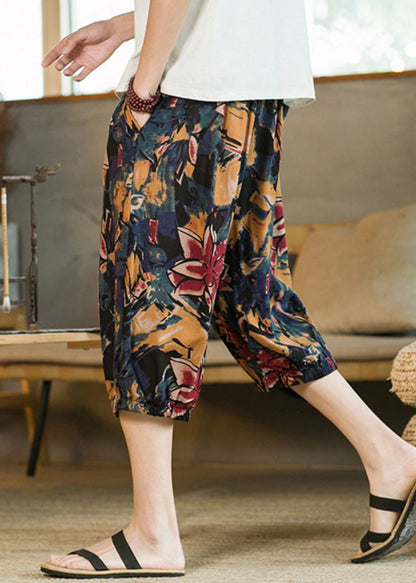 Navy Print Pockets Cotton Crop Pants Elastic Waist Summer