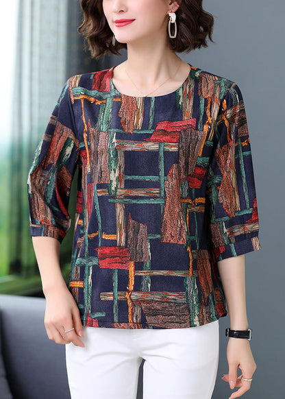 Navy Silk O-neck Silk Top Half Sleeve