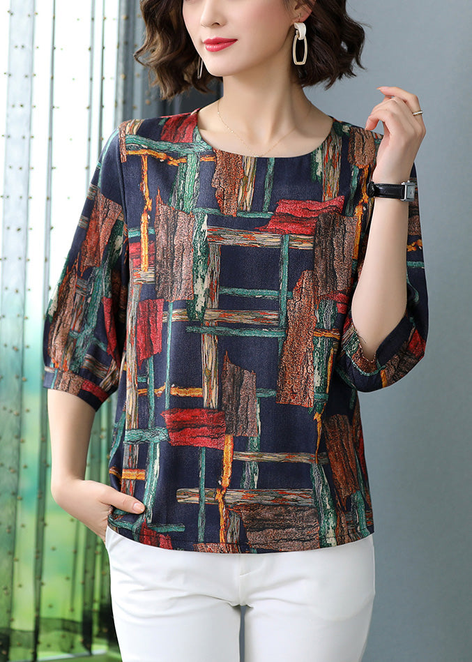 Navy Silk O-neck Silk Top Half Sleeve