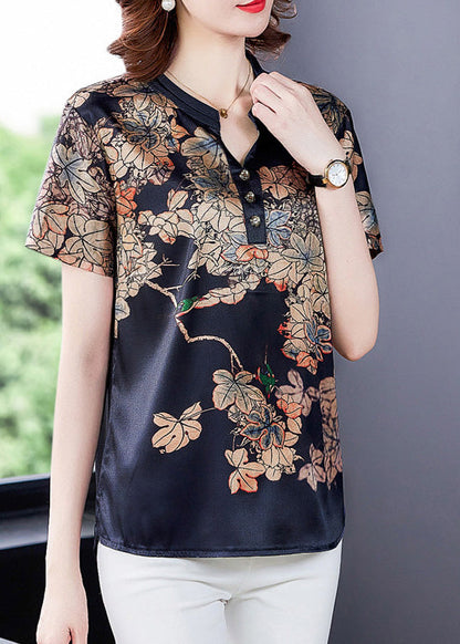Navy Silk V Neck Cozy Tops Short Sleeve
