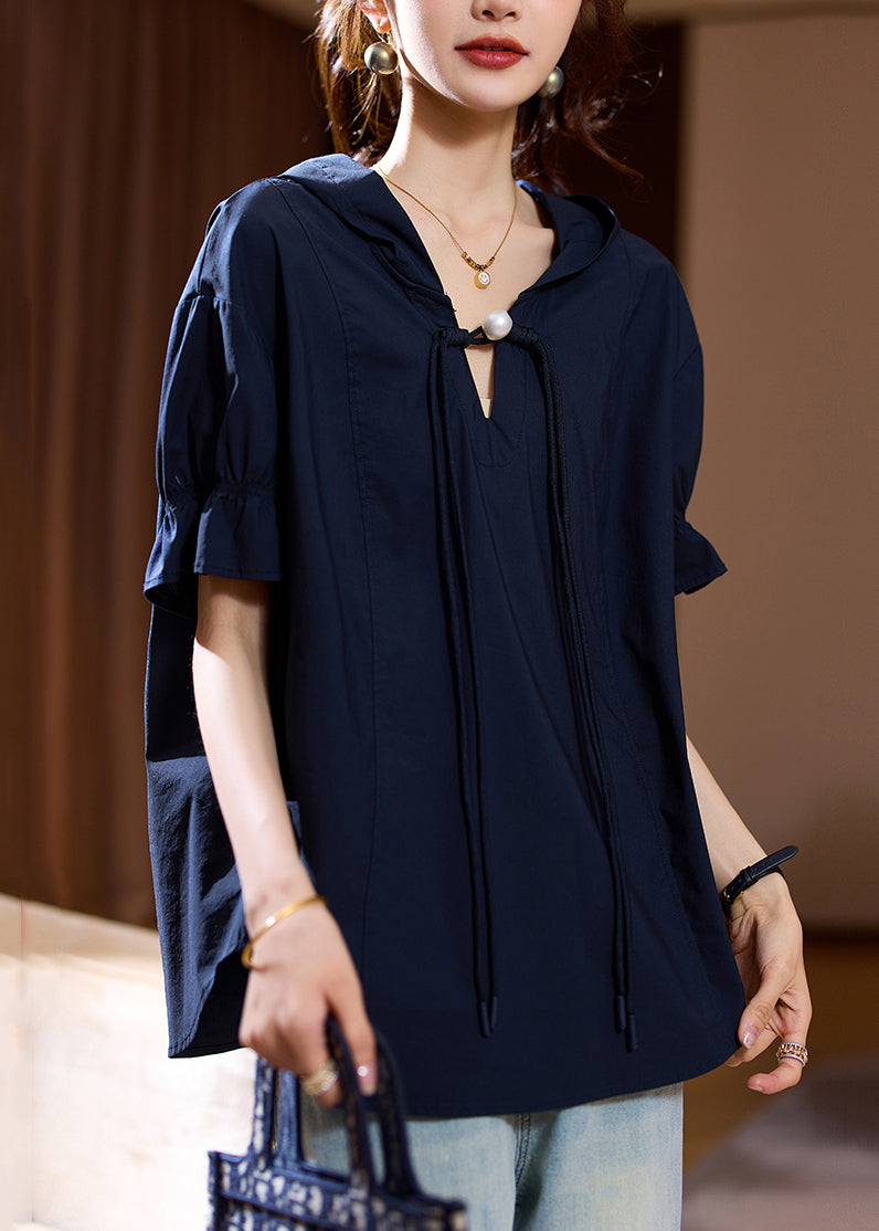 Navy Loose Cotton Top Hooded Short Sleeve