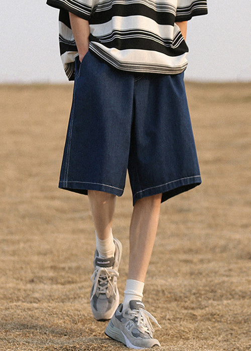 Navy Pockets Denim Shorts High Waist