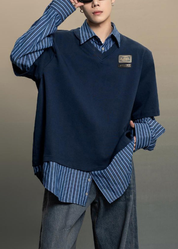 Navy Striped False Two Pieces Patchwork Cotton Shirts Peter Pan Collar Spring