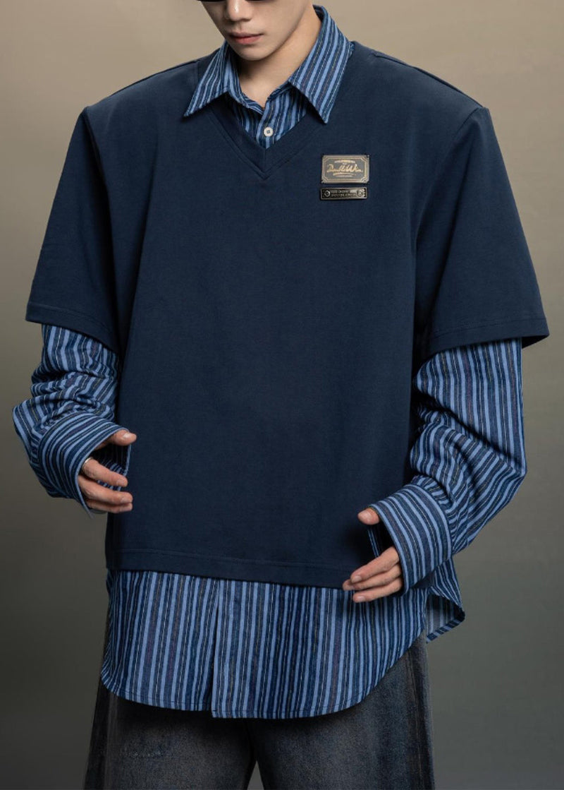Navy Striped False Two Pieces Patchwork Cotton Shirts Peter Pan Collar Spring