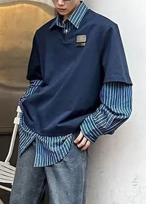 Navy Striped False Two Pieces Patchwork Cotton Men Shirts Peter Pan Collar Spring