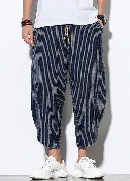 Navy Striped Lace Up Elastic Waist Cotton Harem Pants Summer