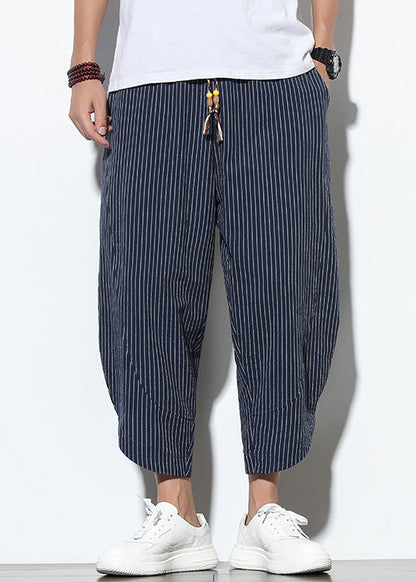 Navy Striped Lace Up Elastic Waist Cotton Harem Pants Summer