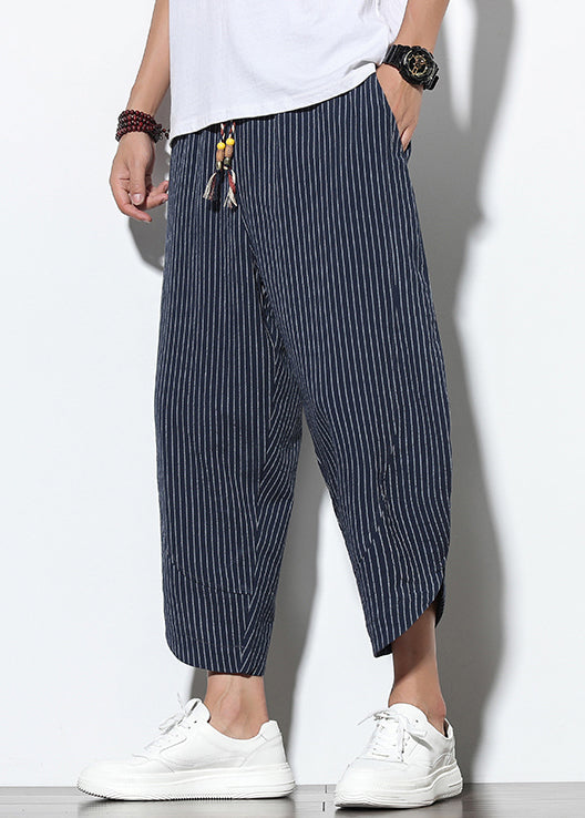Navy Striped Lace Up Elastic Waist Cotton Harem Pants Summer