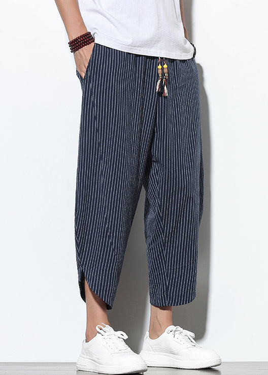 Navy Striped Lace Up Elastic Waist Cotton Harem Pants Summer