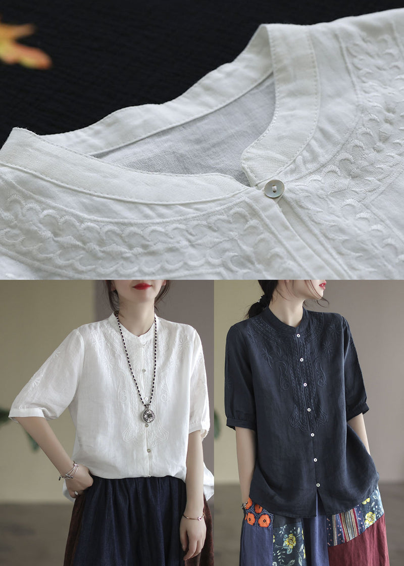 Navy Cotton Shirts Stand Collar Embroideried Half Sleeve