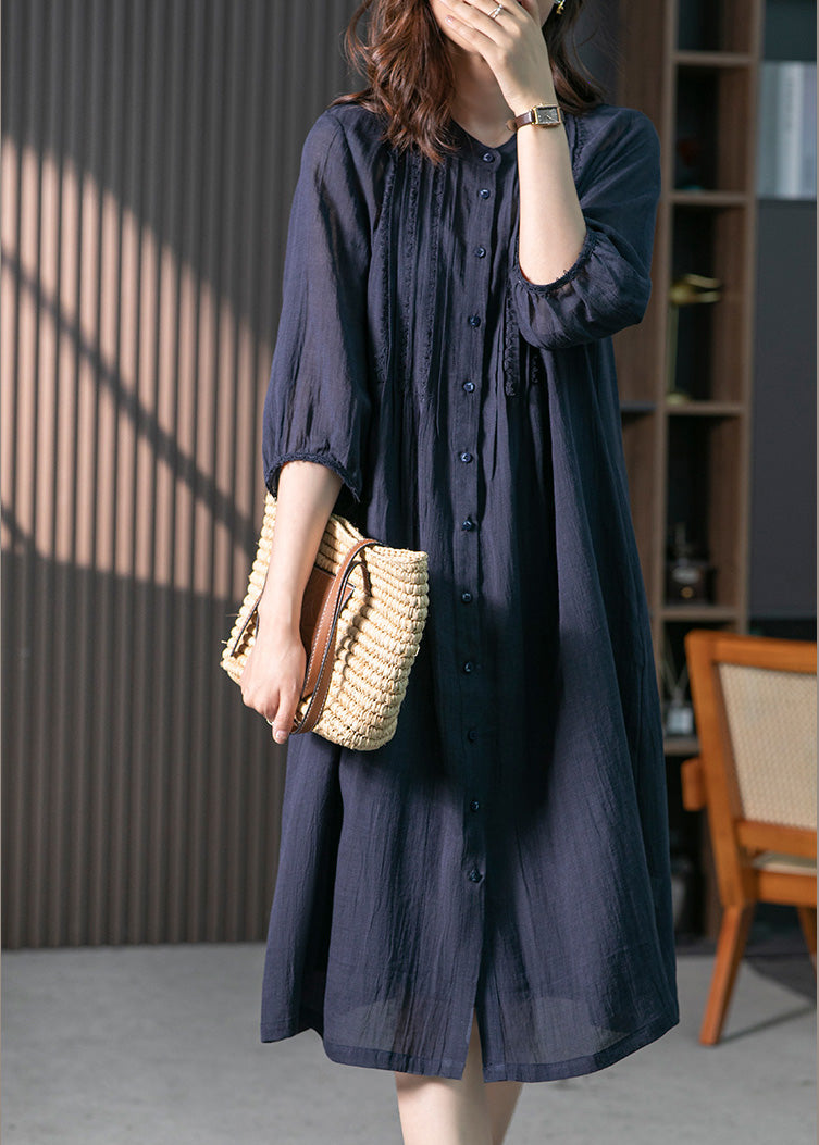 Navy Wrinkled Linen Long Dresses Long Sleeve