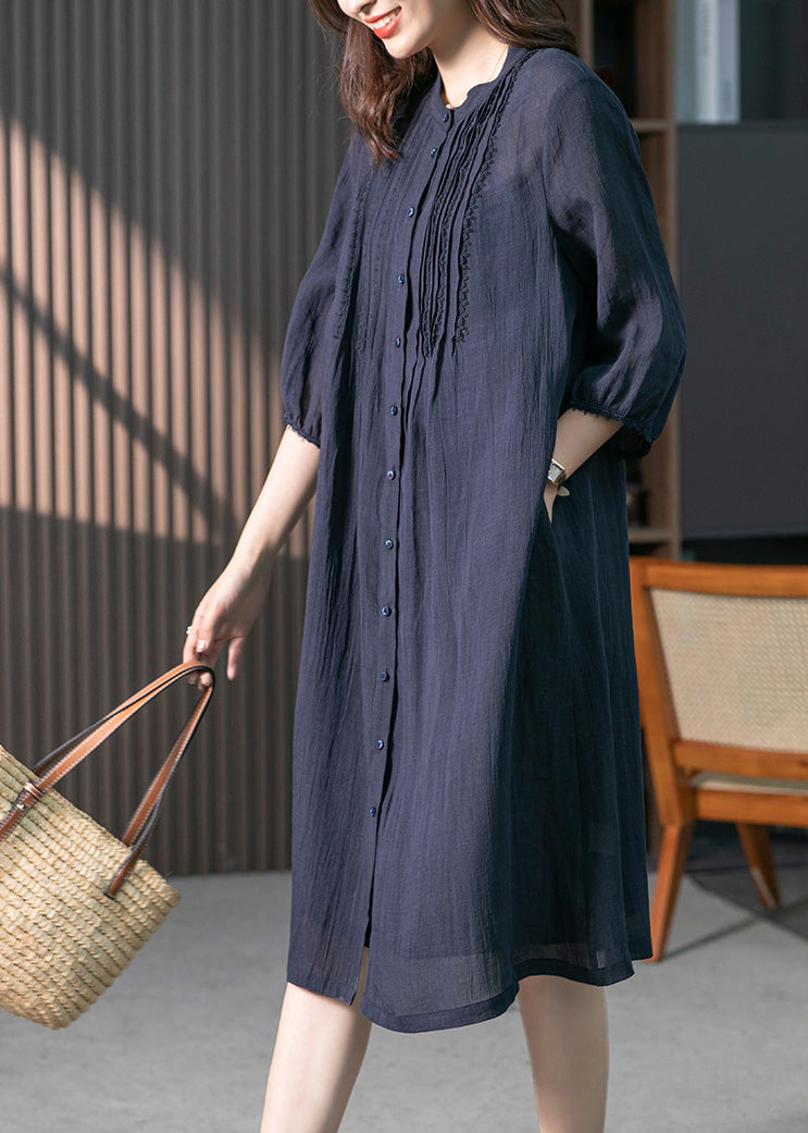 Navy Wrinkled Linen Long Dresses Long Sleeve