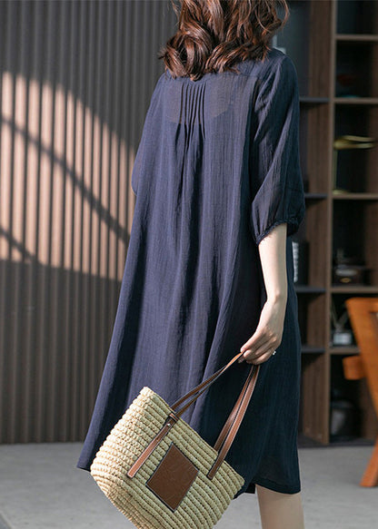 Navy Wrinkled Linen Long Dresses Long Sleeve