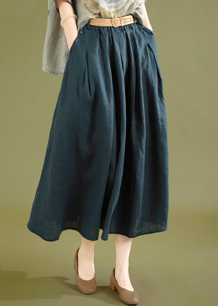 Navy Wrinkled Linen Skirts Elastic Waist Summer
