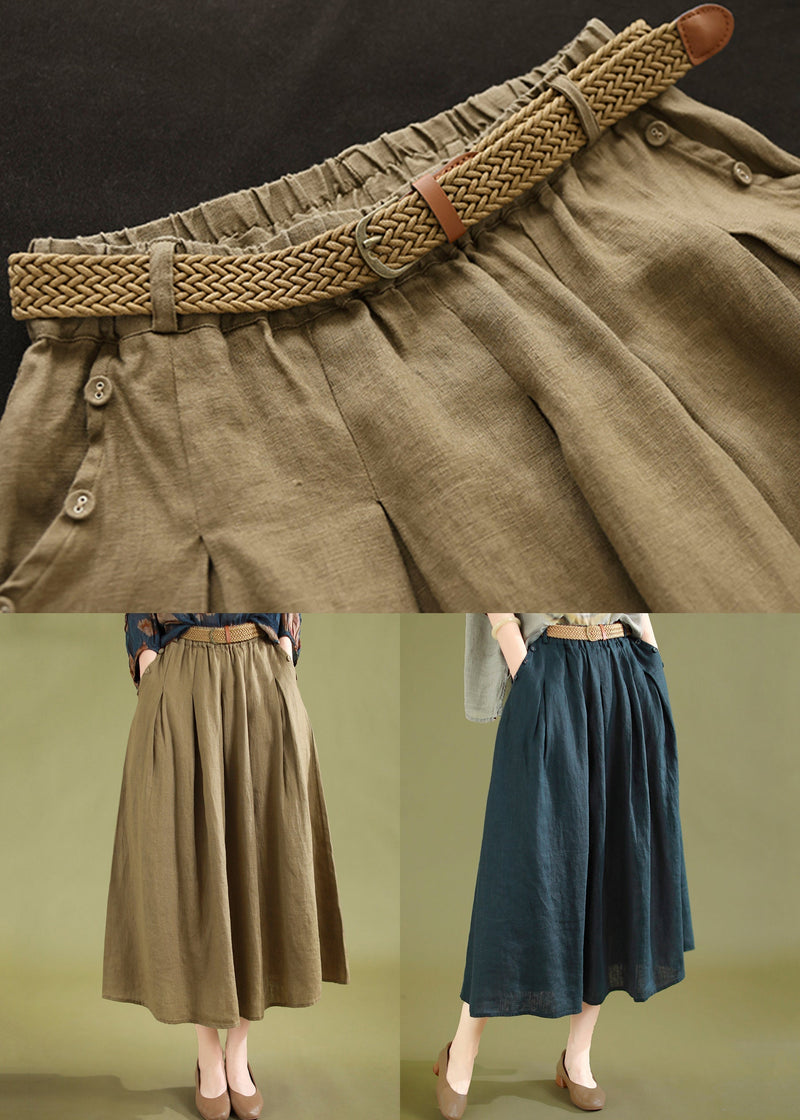 Navy Wrinkled Linen Skirts Elastic Waist Summer