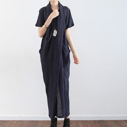 Navy Cross Design Texture Linen Maxi Dresses Short Sleeved Caftans