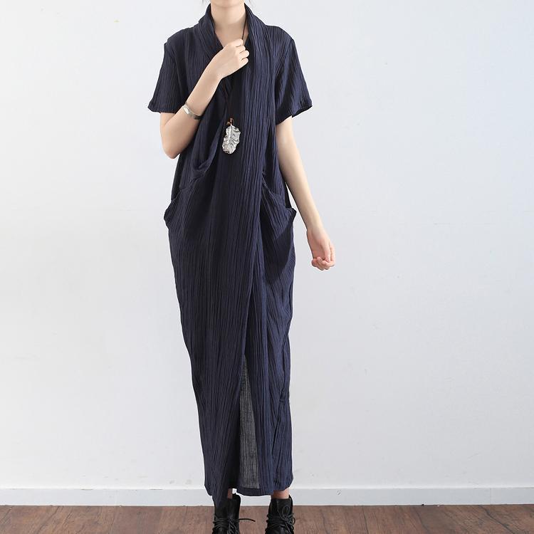 Navy Cross Design Texture Linen Maxi Dresses Short Sleeved Caftans