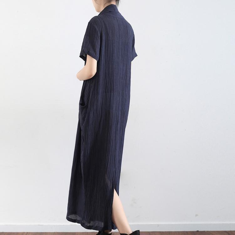 Navy Cross Design Texture Linen Maxi Dresses Short Sleeved Caftans