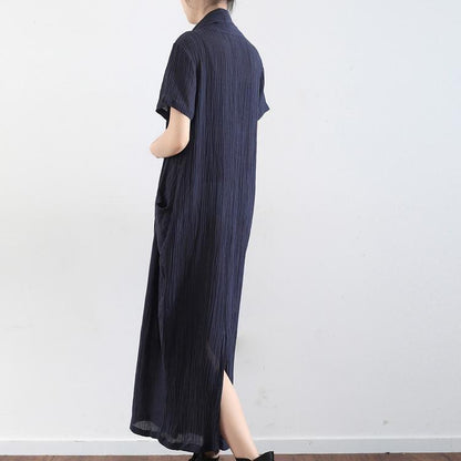 Navy Cross Design Texture Linen Maxi Dresses Short Sleeved Caftans