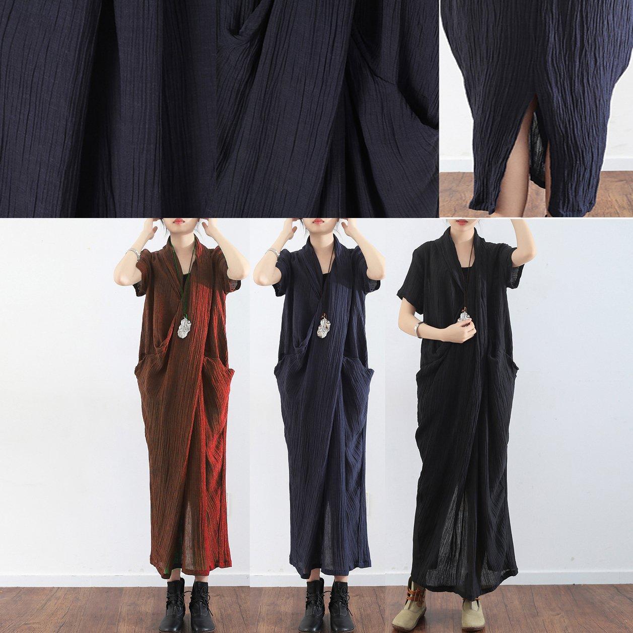 Navy Cross Design Texture Linen Maxi Dresses Short Sleeved Caftans