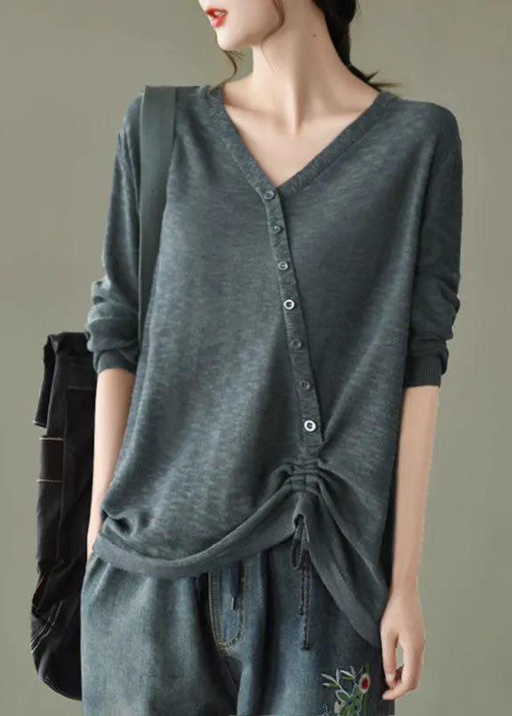 Navy Drawstring Patchwork Knit Sweater Winter