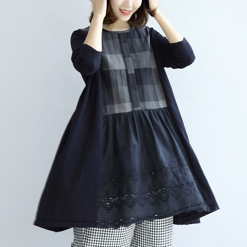 Navy Plaid Cotton Dresses Long Sleeved Maternity Dress Style