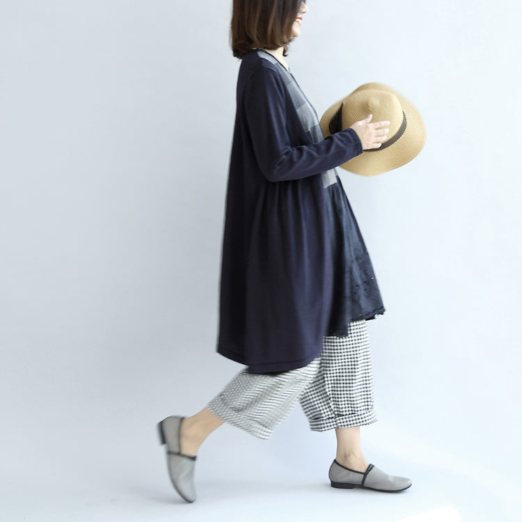 Navy Plaid Cotton Dresses Long Sleeved Maternity Dress Style