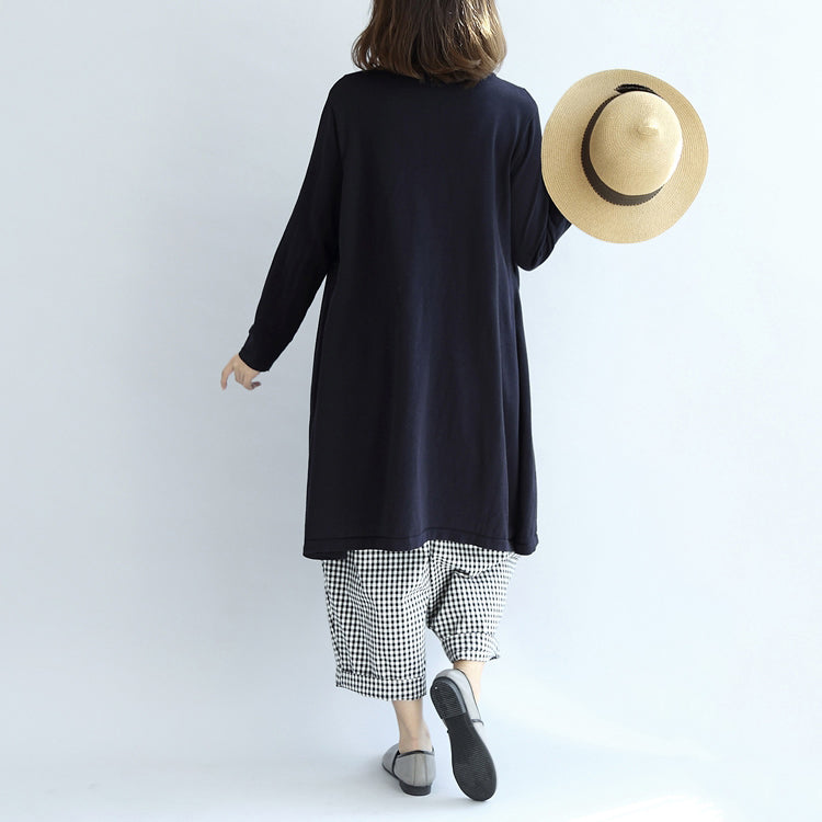 Navy Plaid Cotton Dresses Long Sleeved Maternity Dress Style