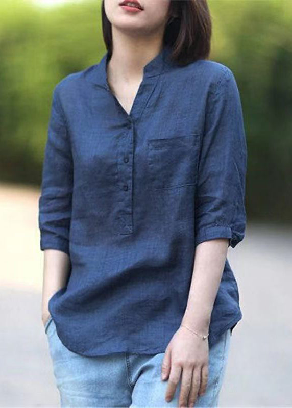 Navy Pockets Linen Shirt Top Stand Collar Button Half Sleeve