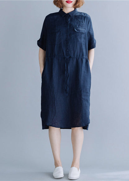 Navy Side Open Button Pockets Shirt Dress Short Sleeve