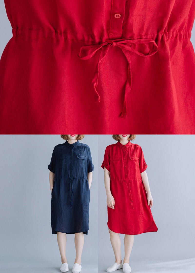 Navy Side Open Button Pockets Shirt Dress Short Sleeve