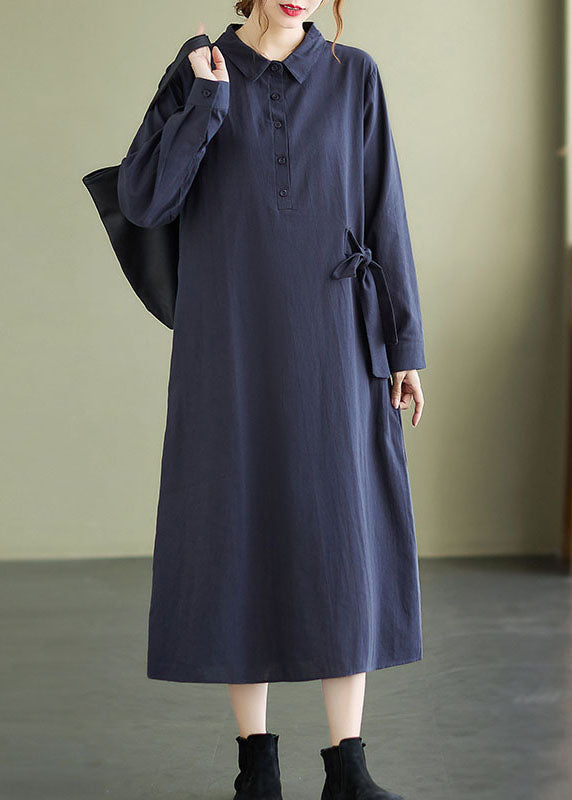 Navy Tie Waist Cotton Vacation Dresses Long Sleeve