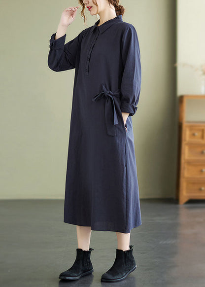 Navy Tie Waist Cotton Vacation Dresses Long Sleeve