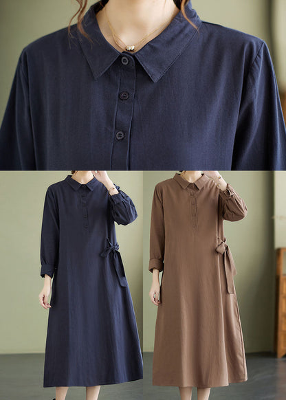 Navy Tie Waist Cotton Vacation Dresses Long Sleeve