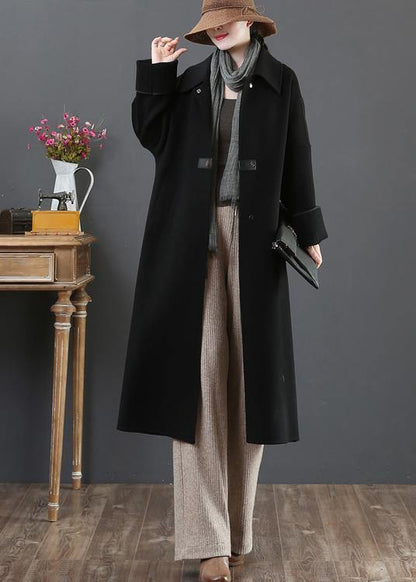 New Loose Fitting Long Coat Winter Coats Black Lapel Pockets Woolen Coats