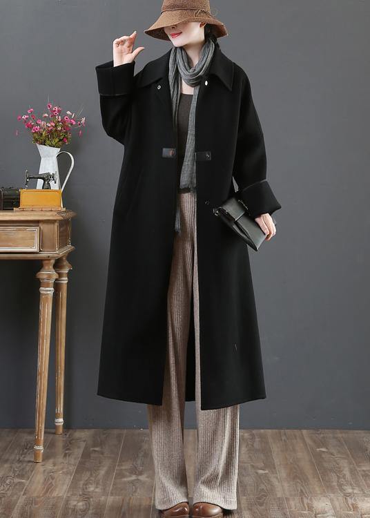 New Loose Fitting Long Coat Winter Coats Black Lapel Pockets Woolen Coats