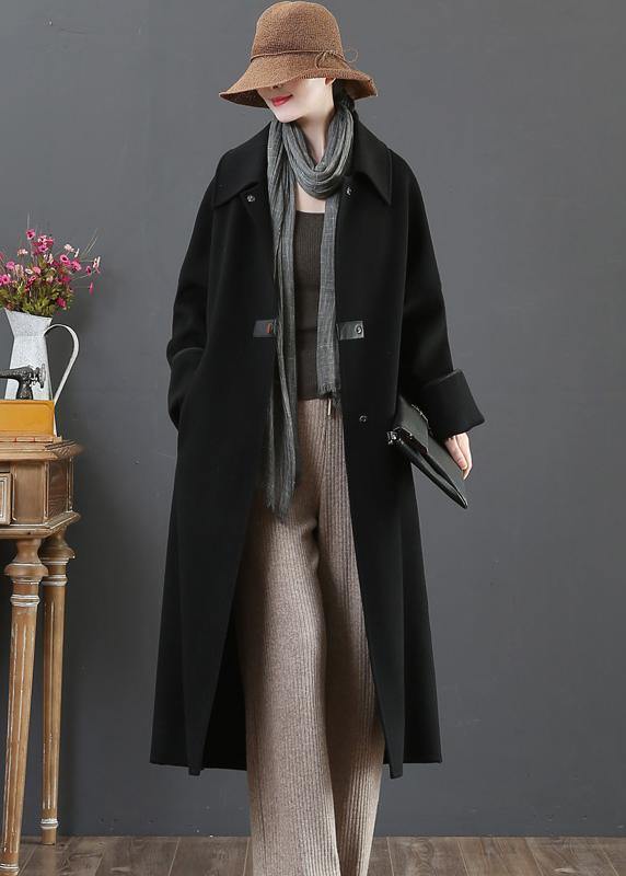 New Loose Fitting Long Coat Winter Coats Black Lapel Pockets Woolen Coats