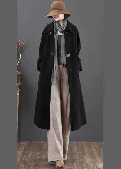 New Loose Fitting Long Coat Winter Coats Black Lapel Pockets Woolen Coats
