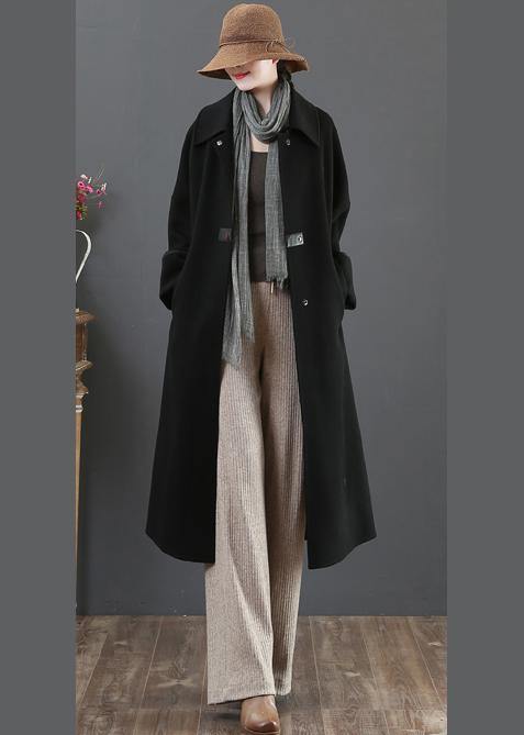 New Loose Fitting Long Coat Winter Coats Black Lapel Pockets Woolen Coats