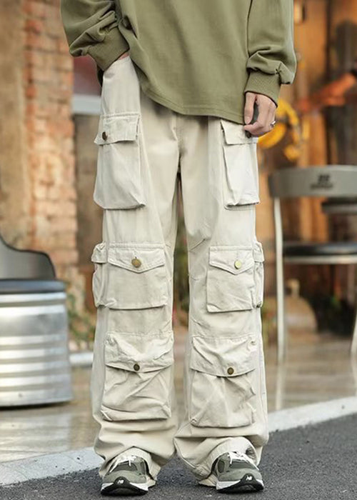 New Apricot Button Pockets Patchwork Cotton Fall Pants