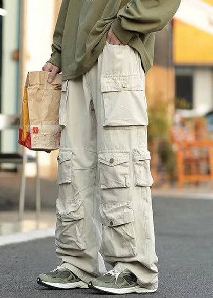 New Apricot Button Pockets Patchwork Cotton Fall Pants