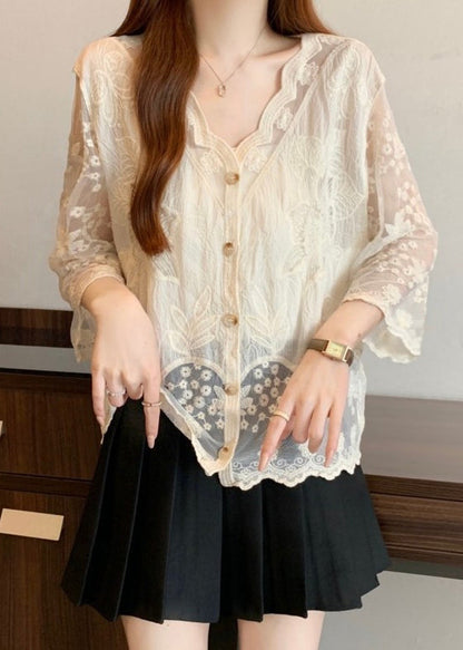 New Apricot Embroidered Button Cotton Shirts Bracelet Sleeve